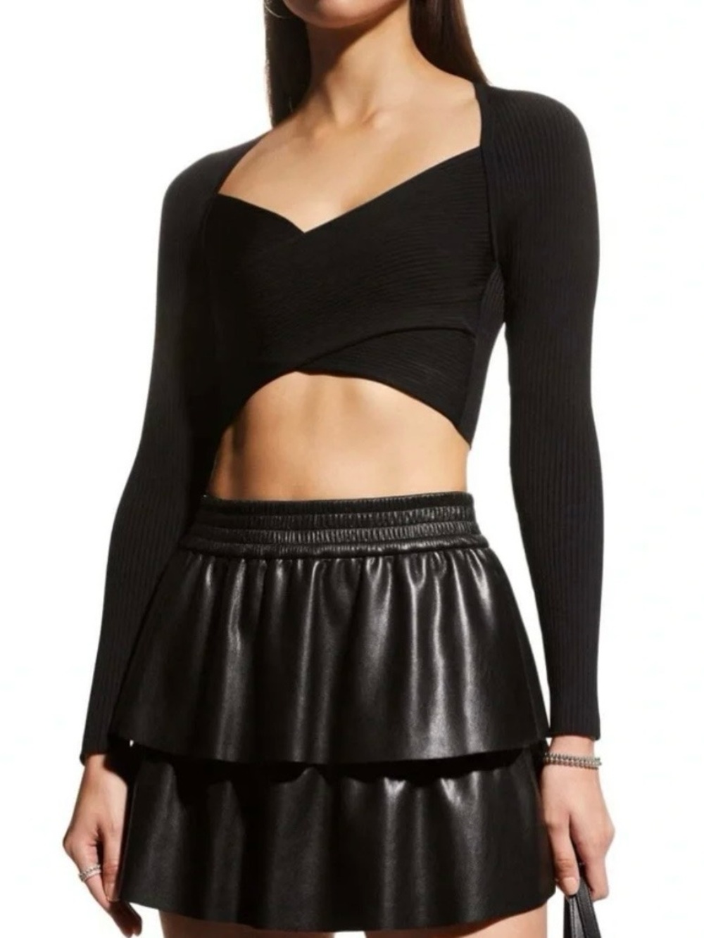 Alice + Olivia Black Long-Sleeve Cropped Wrap Top